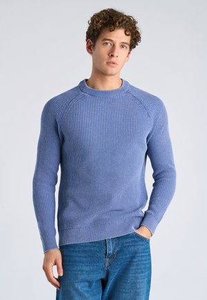 Joven con cabello rizado que lleva un suéter azul de canalé y jeans azules, de pie con una mano en el bolsillo contra un fondo liso.