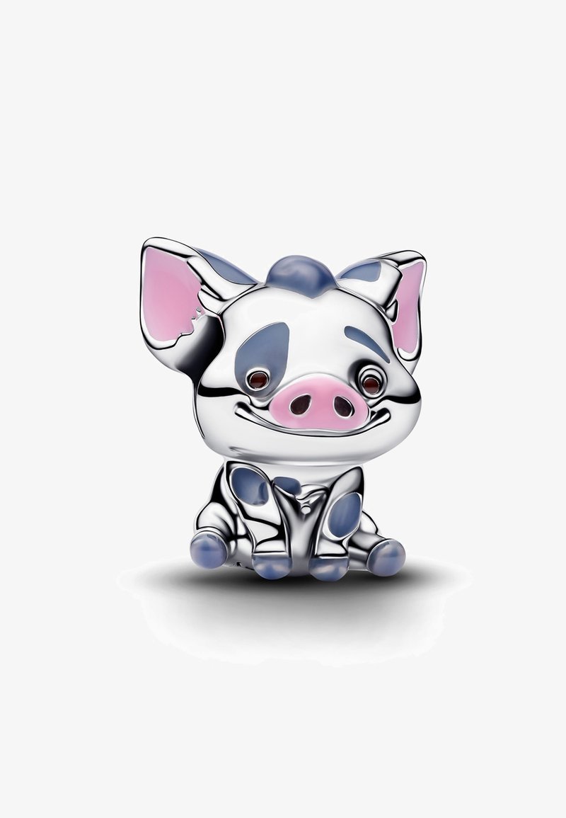 Figurine de cochon argentée brillante avec des taches bleues, museau rose et oreilles intérieures roses, assise avec une expression souriante sur fond blanc.