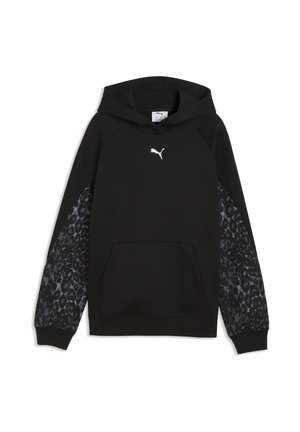 Sort hættetrøje med frontlomme, med mørke leopardmønstrede ærmer og hvid Puma-logo på brystet.