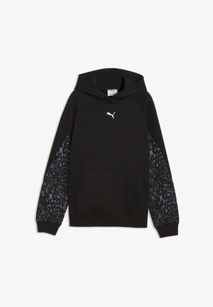 Sudadera negra con capucha y bolsillo delantero, con mangas de estampado de leopardo oscuro y un logo blanco de Puma en el pecho.