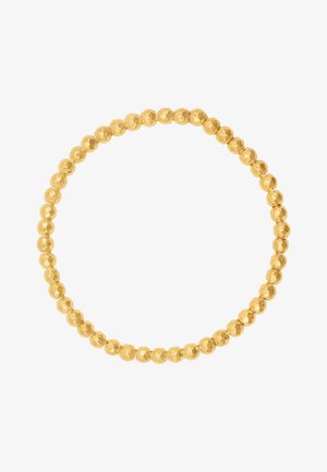 Armband aus goldenen Perlen mit runden, facettierten Perlen mit glatter Oberfläche, gleichmäßig verteilt und in einer kontinuierlichen, kreisförmigen Form angeordnet.