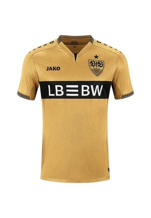 Guld fodboldtrøje med sort vandret stribe, der viser LB BW, JAKO-logo på brystet og et skjoldemblem med en stjerne over sig på højre side.