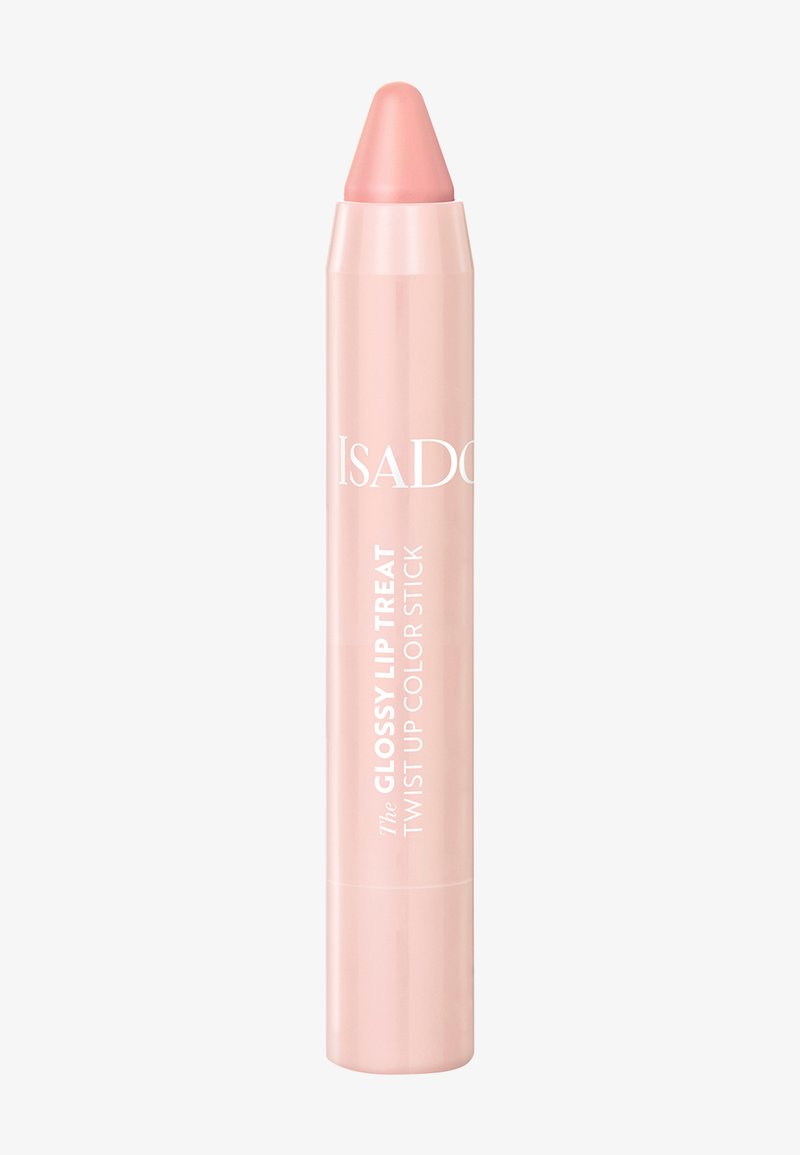 Stick à lèvres coloré brillant torsadé de couleur rose pâle, avec une pointe arrondie et le logo "IsaDora" sur le côté.