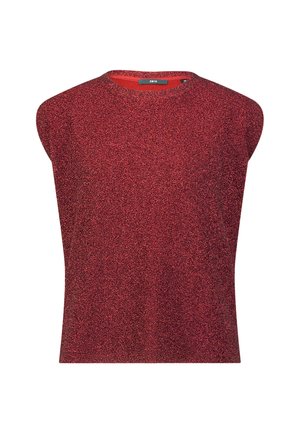 Czerwony, bezrękawnik z błyszczącego materiału o okrągłym dekolcie i lekko wyściełanych ramionach, prezentowany na białym tle.