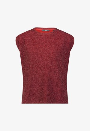 Czerwony, bezrękawnik z błyszczącego materiału o okrągłym dekolcie i lekko wyściełanych ramionach, prezentowany na białym tle.