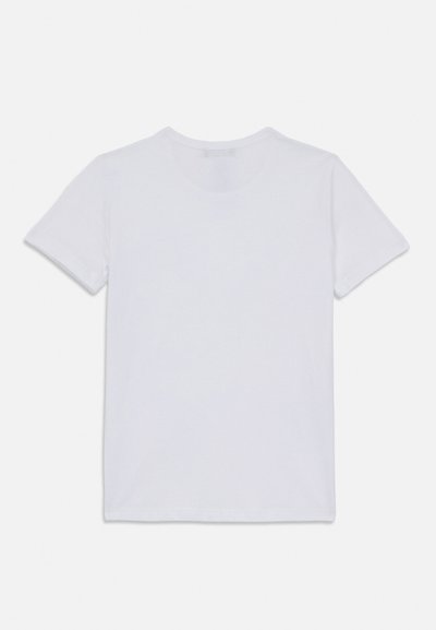 Effen wit T-shirt met korte mouwen en ronde hals, plat neergelegd met de achterkant zichtbaar tegen een witte achtergrond.