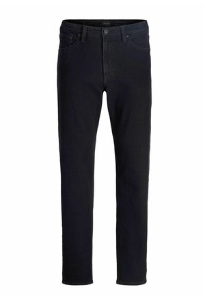 Jeans negri slim-fit din denim, având cinci buzunare, închidere cu nasture în față și detalii ușor decolorate. Textură netedă fără modele.