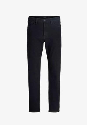 Slim fit, fekete farmernadrág, öt zsebbel, elülső gombos záródással és enyhe fakulási részletekkel. Simább textúra minta nélkül.