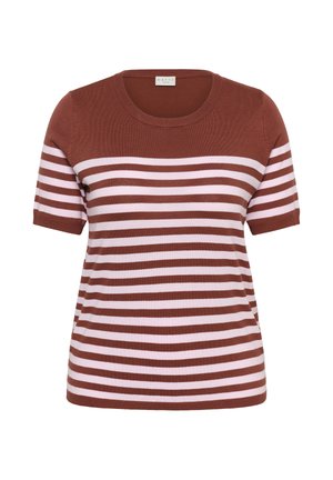 Haut en maille à manches courtes avec des rayures horizontales marron et rose clair et un col rond.
