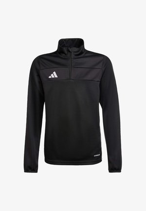 Crni atletski pulover s polu-zip ovratnikom, teksturiranim gornjim panelom i bijelim logotipom na prsima, s dugim rukavima i uskim krojem.