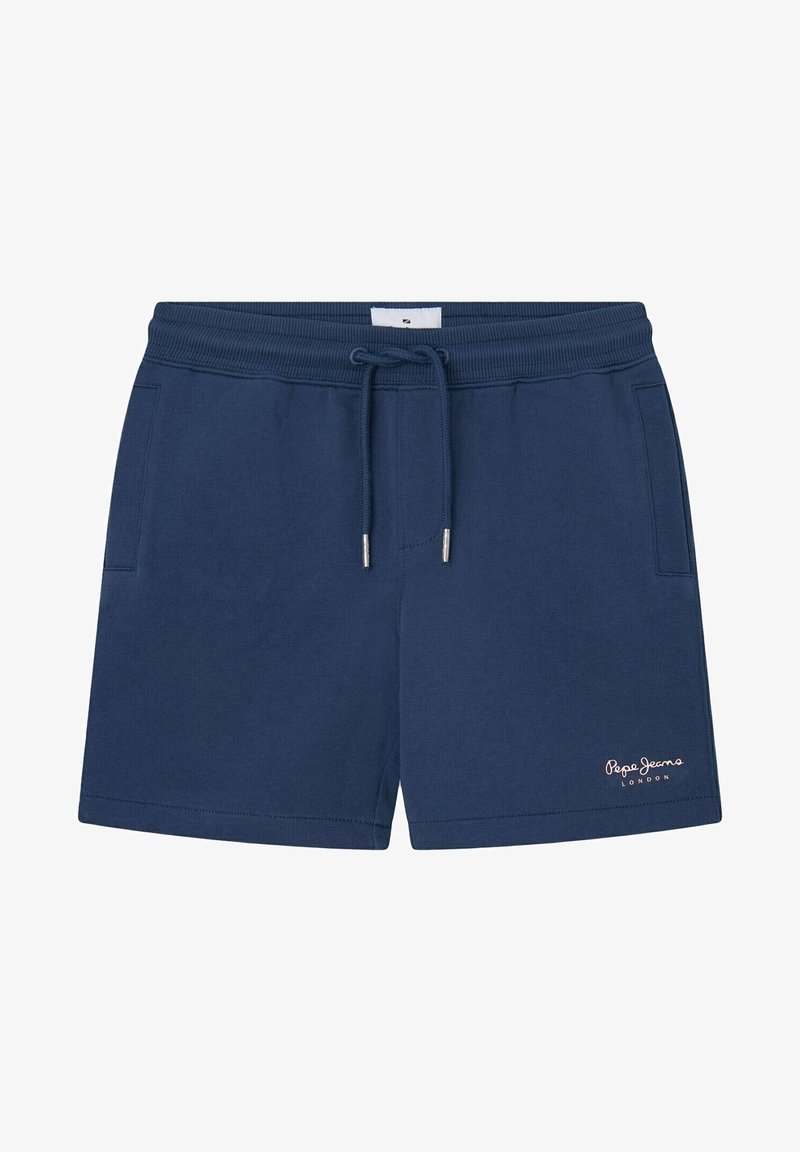 Pantaloni corti casual blu navy con cintura elasticizzata, cordoncino, tasche laterali e piccolo logo "Pepe Jeans London" sulla gamba sinistra.