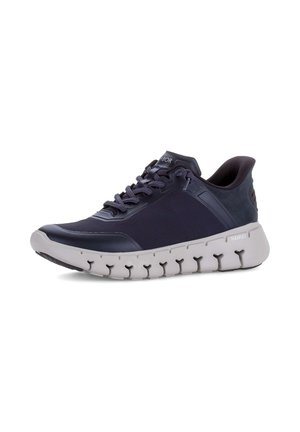 Dark blue athletic sneaker with white sole featuring flexible grooves and dark laces, shown from front-side angle on white background.