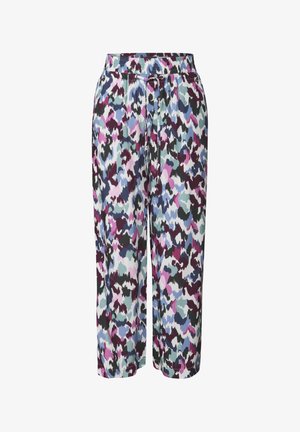 Mønstrede bukser i flere farver med elastisk talje og justerbar snøre. Materialet synes letvægts og har en glat tekstur.