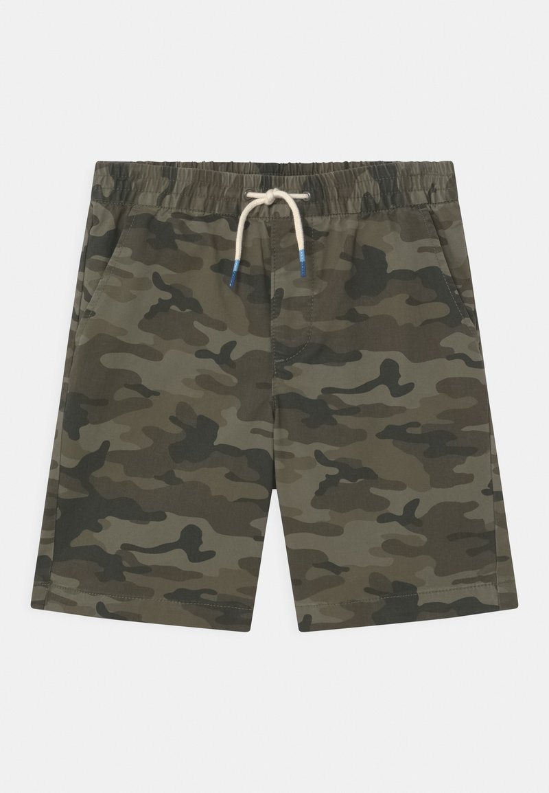 Shorts camouflage dans des nuances de vert et de marron, dotés d'une taille élastique avec un cordon de serrage et deux poches latérales. Texture de tissu lisse.