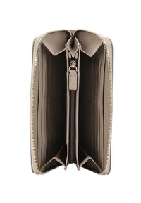 Zippered wallet in soft beige leather, featuring multiple card slots, a central compartment with zip closure, and a smooth texture.