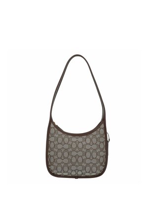 Piccola borsa a tracolla con rifiniture in pelle marrone e corpo in tessuto fantasia con forme ovali ripetute, chiusura con zip in alto.