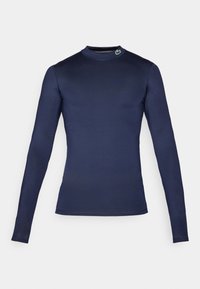 Camisa de manga longa azul-marinho feita de um tecido liso e elástico. Apresenta um colarinho alto e um pequeno detalhe de logótipo verde na gola.