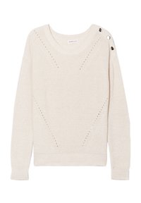 Light beige knitted sweater featuring a round neckline, diagonal openwork details, and two decorative buttons on the shoulder.