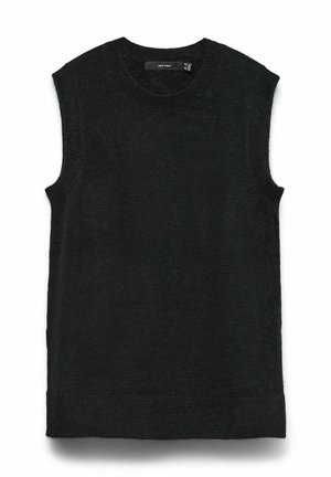Sleeveless black knit top with a ribbed round neckline and textured fabric. Simple, fitted shape with no embellishments or patterns.
