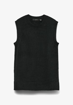 Débardeur noir en tricot sans manches avec un col rond côtelé et un tissu texturé. Forme simple et ajustée sans embellissements ni motifs.