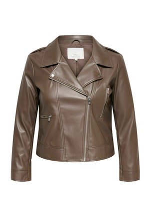 Brown faux leather biker jacket with asymmetrical front zipper, two zippered pockets, and wide lapel collar.