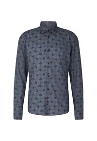Langsleeve blouse met een geometrisch patroon in donkerblauw en zwart, met een knoopsluiting aan de voorkant en een puntige kraag.