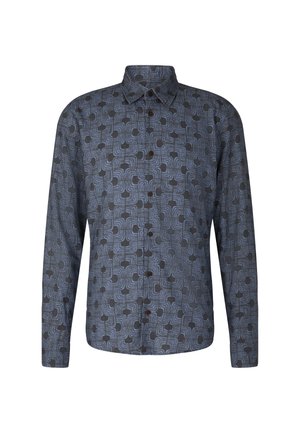 Long-sleeve shirt featuring a geometric pattern in dark blue and black, with a button-up front and a pointed collar.