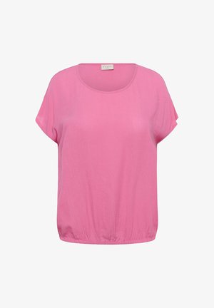 Blouse courte rose vif à manches courtes avec encolure ronde et ourlet élastique, présentée sur un fond blanc.