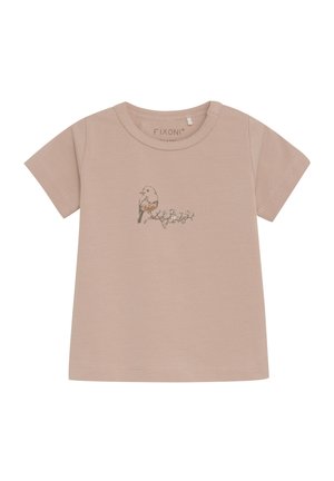 Ljusrosa kortärmad T-shirt i mjukt bomull, med en fågelillustration och blommotiv på framsidan. Slät yta.