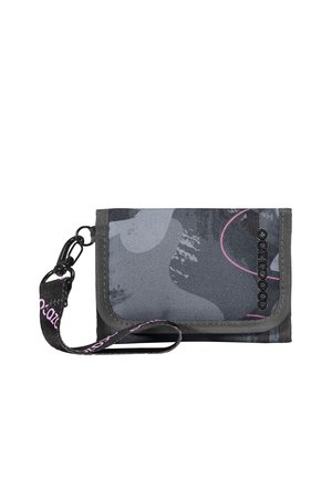 Compact gray and black fabric wallet with pink accents, a wrist strap, and a side clip closure.