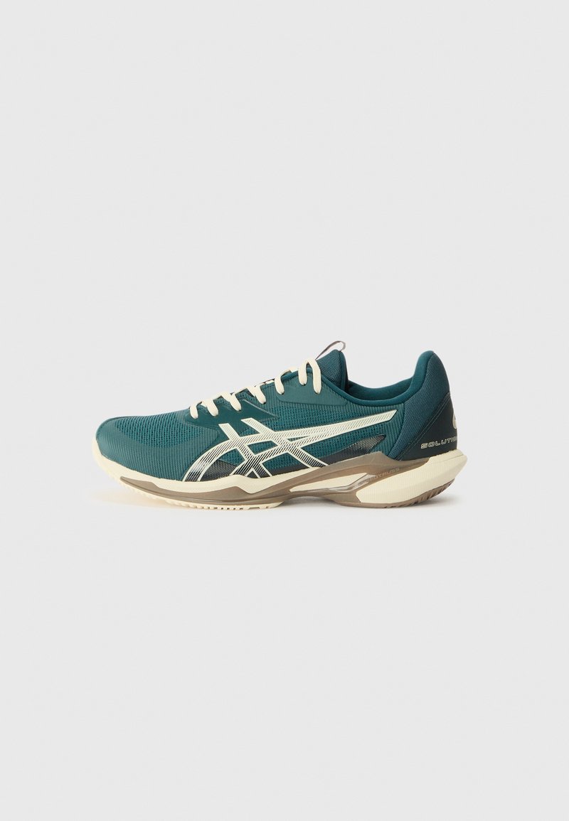 Teal running shoe featuring a mesh upper, white accent stripes, and a durable rubber sole. Lightweight design with a cushioned interior.