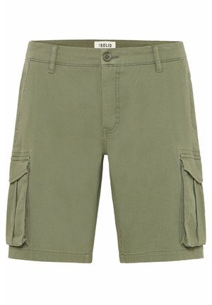 Zielono-oliwkowe szorty cargo wykonane z miękkiej bawełny, z zapięciem na guzik, kieszeniami z przodu i bocznymi kieszeniami cargo dla dodatkowej przestrzeni na przechowywanie.