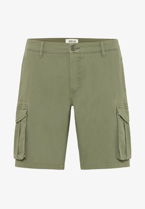 Shorts cargo verts olive en coton doux, dotés d'une fermeture à bouton, de poches avant et de poches cargo latérales pour un rangement supplémentaire.