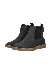 Black suede ankle boots with elastic side panels, textured trim, rear zipper detail, and a brown rubber sole.
