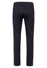 Dunkelblaue Denim-Jeans mit schlanker Passform, ausgestattet mit zwei Gesäßtaschen und einer glatten Textur. Der Bund ist stabil und dezent gebrandet.