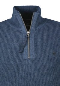 Blauer strukturierten Reißverschluss-Pullover mit hohem Kragen, ausgestattet mit einem silbernen Reißverschluss und einem kleinen Logo auf der Brust. Hergestellt aus Strickstoff.