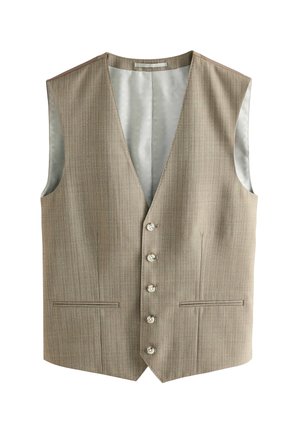 Beige gestreifter Weste mit V-Ausschnitt, fünf Knopfverschlüssen und zwei Taschen. Das Material ist glatt mit einem glänzenden Innenfutter.