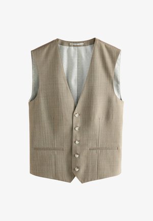 Gilet rayé beige avec un col en V, cinq boutons et deux poches. Le matériau est lisse avec une doublure intérieure brillante.