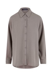Light gray long-sleeve shirt, button-up front, classic collar, soft fabric with a subtle texture, curved hem, and buttoned cuffs.