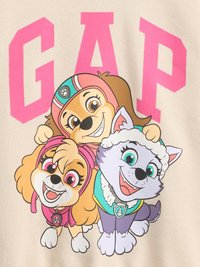 Light beige sweatshirt featuring a graphic of three cartoon dogs with large eyes, vibrant pink and teal accents, and bold "GAP" text.