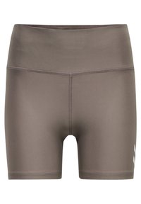 Brown athletic shorts with a high waistband, smooth texture, and white logo accents on the left side. Fitted design suitable for sports.