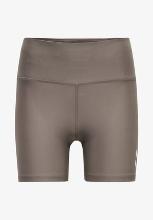 Brune sportsbukser med høj talje, glat tekstur og hvide logo- accenter på venstre side. Tætsiddende design velegnet til sport.