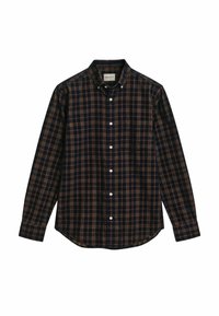 Donker marineblauwe en bruine geruite lange mouwen overhemd met een borstzak en een button-down kraag.