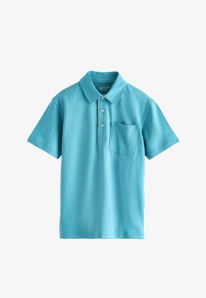 Polo turchese in cotone. Presenta un colletto, una patta con tre bottoni e una piccola tasca sul petto. Maniche corte, colore tinta unita.