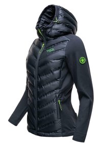Black hooded jacket with quilted puffy front, stretchy fabric sides, green accents, zippered pockets, and a round logo on the sleeve.