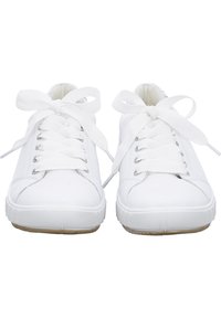 Witte sneakers hebben een glad leren bovenwerk, een ronde neus en dikke witte veters. Rubberen zool met een gestructureerde afwerking.