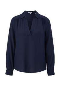 Dunkelblaue Bluse mit langen Ärmeln, V-Ausschnitt, spitzen Kragen und raffinierten Details an den Schultern. Glattes Material und mit Manschettenabschlüssen.