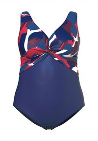 Eénstuk zwemoutfit met een marineblauwe basis. Heeft een kleurrijk abstract patroon in rood, wit en blauw. Draaidetail bij de taille.