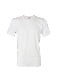 T-shirt Henley a maniche corte bianco con plastron a due bottoni, scollo a giro e parte frontale liscia su sfondo bianco.