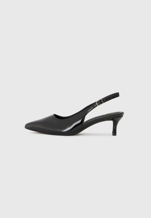 Black patent leather slingback heels with a pointed toe and a low kitten heel, featuring an adjustable strap and a smooth glossy finish.